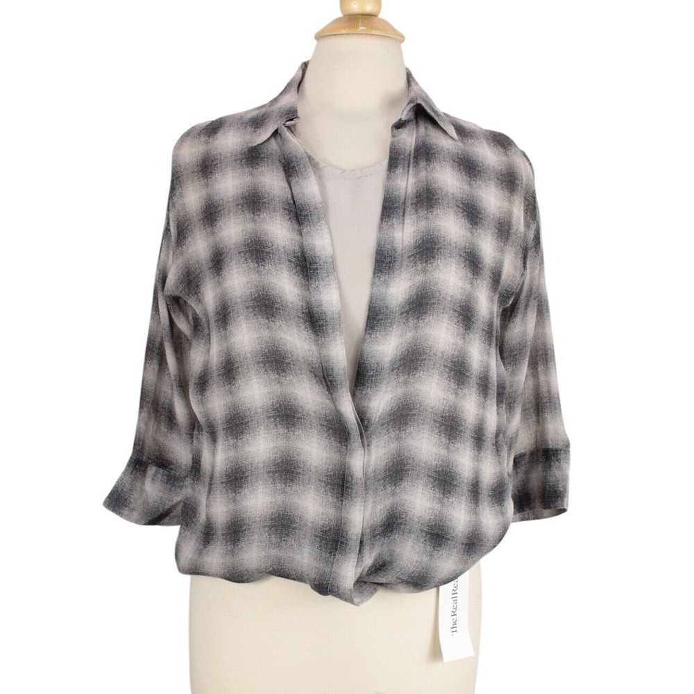 ALLSAINTS Elice Dean Silk Shirt size 2 Gray Plaid 3/4‎ Sleeve Button Up